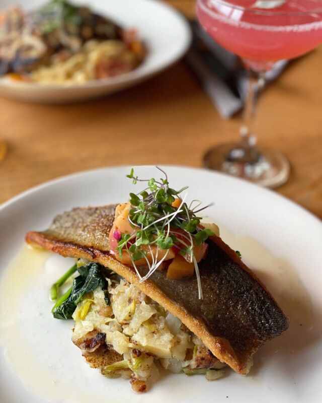This new menu item is a perfect blend of summer flavors. Cast iron trout - limestone springs trout, potato leek and spinach hash, brown butter, and pickled peach relish. A delicious, bright, and light dish for these hot hot days.