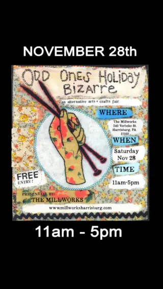 Mark your calendars! The Odd Ones Holiday Bizarre is here. Saturday, November 28th from 11am- 5pm.

It’s a fun filled day to shop locally while supporting the arts. With over 35 local vendors and our resident artists, you’re sure to find that unique gift for your holiday shopping this year. 

Make a day of it and bring your friends for delicious food, drinks and shopping. It’s always a fun time. 

This year’s vendors include:
@berrymountaincolorfarm @earrings_bydee @lunabeanshats @plantfamilyhealingarts @lawler_creative @anniecrowart @prittyfy @poordogfarm @throwfirepottery @claythedude @mollyaucontraire @drewswishforacure @nova.silver.studio @beeheim.art @thymenouveau @lomostudio_designs @littlefoxcandleco @wyrd_artz @stephyjann_art @fiddlydigits @thepeculiarpathshop @nicole_osborne_art @elevenforms @bouncinggoatsoapco @lwallace_ceramics @gonetoclover @karleyraedesignco @wildchildfibers @consugarceramics @austenpottery @thestorysupplyco @stayapparelco @leafprojectpa @douglasbeardstudio @witmerwoodcraft 
David Brown Photography, Shoot Howdy, Unfiltered Bees, and The Resurrected and the Revenant.